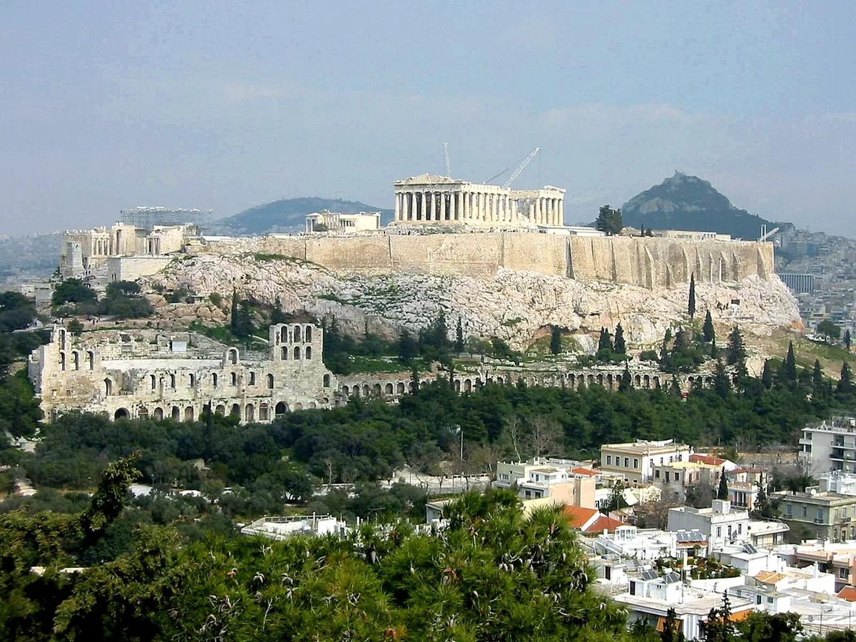 Acropolis of Athens, major landmark on a map of Greece with cities
