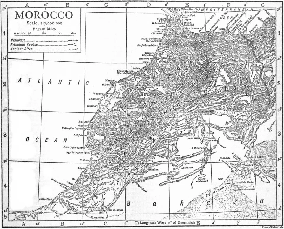 Old map of Morocco illustrating the evolution of topographic maps Morocco