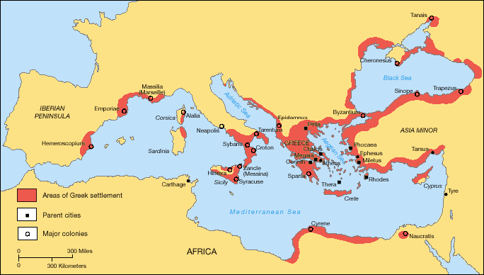 Map of ancient Greece showing Greek territories and colonies of the archaic period