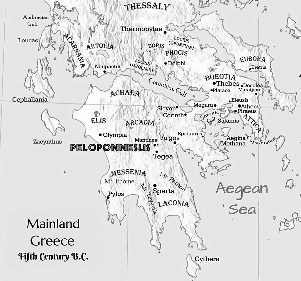 Map of Greece with cities, reliefs and axes of the ancient Greek continent