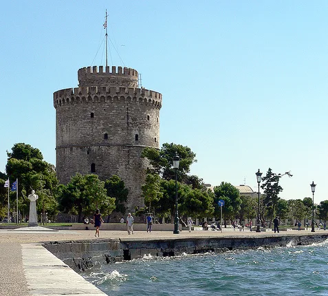 Map of Greece with cities: White Tower of Thessaloniki on the sunny promenade