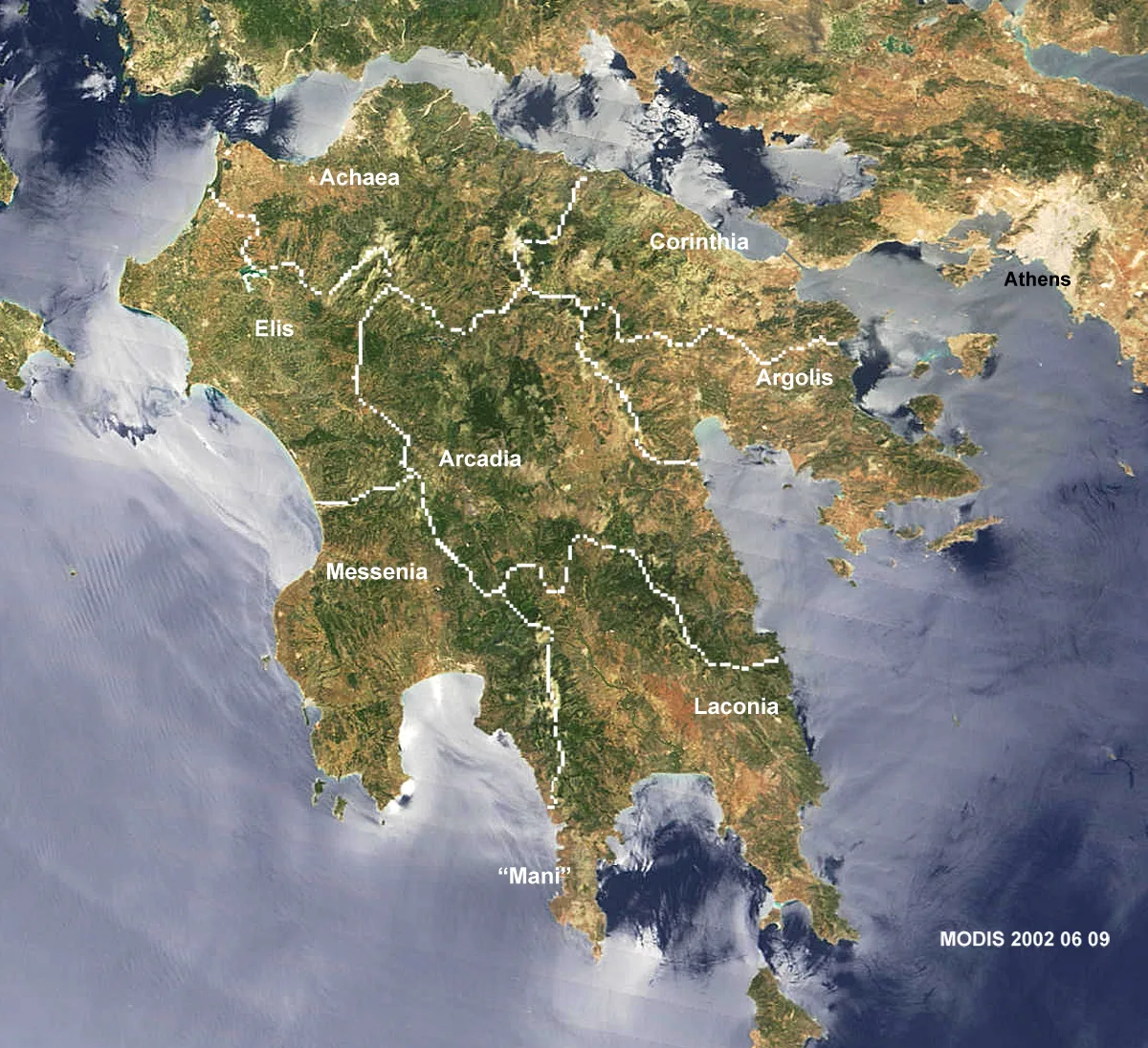 Map of Greece with cities: satellite view of the Peloponnese, Isthmus of Corinth
