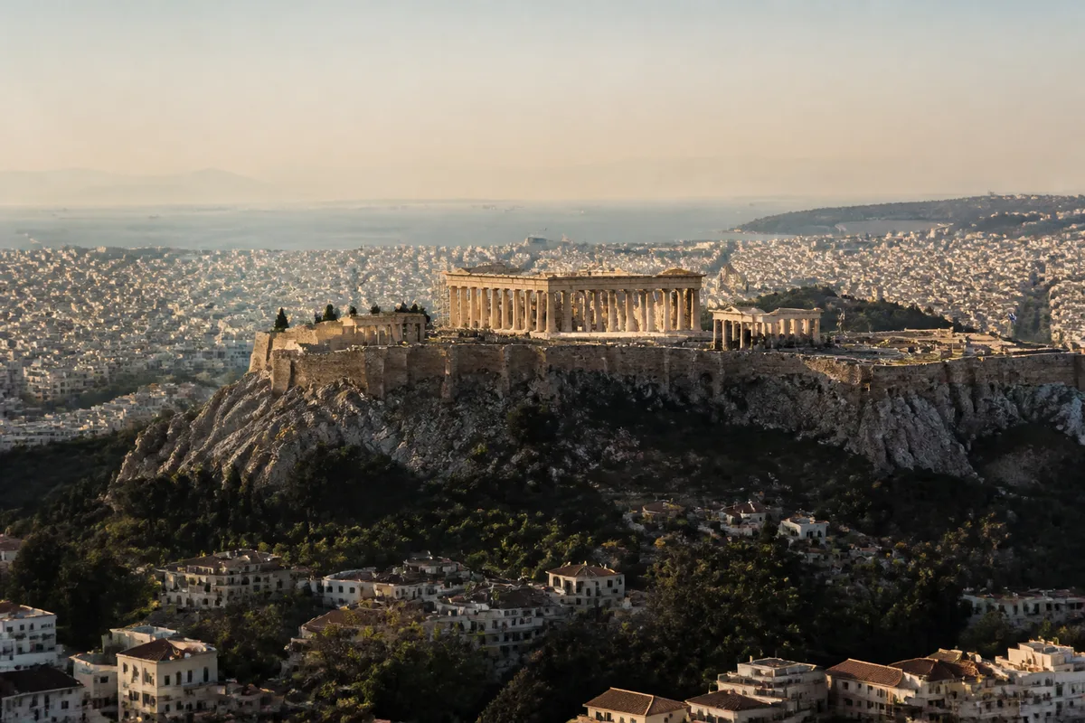 Realistic view of Athens in Attica to locate the capital on a map of Greece.