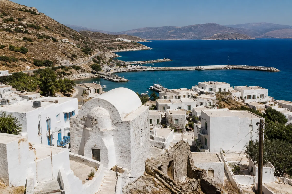 Realistic photo of a Cycladic landscape representative of the Greek islands.