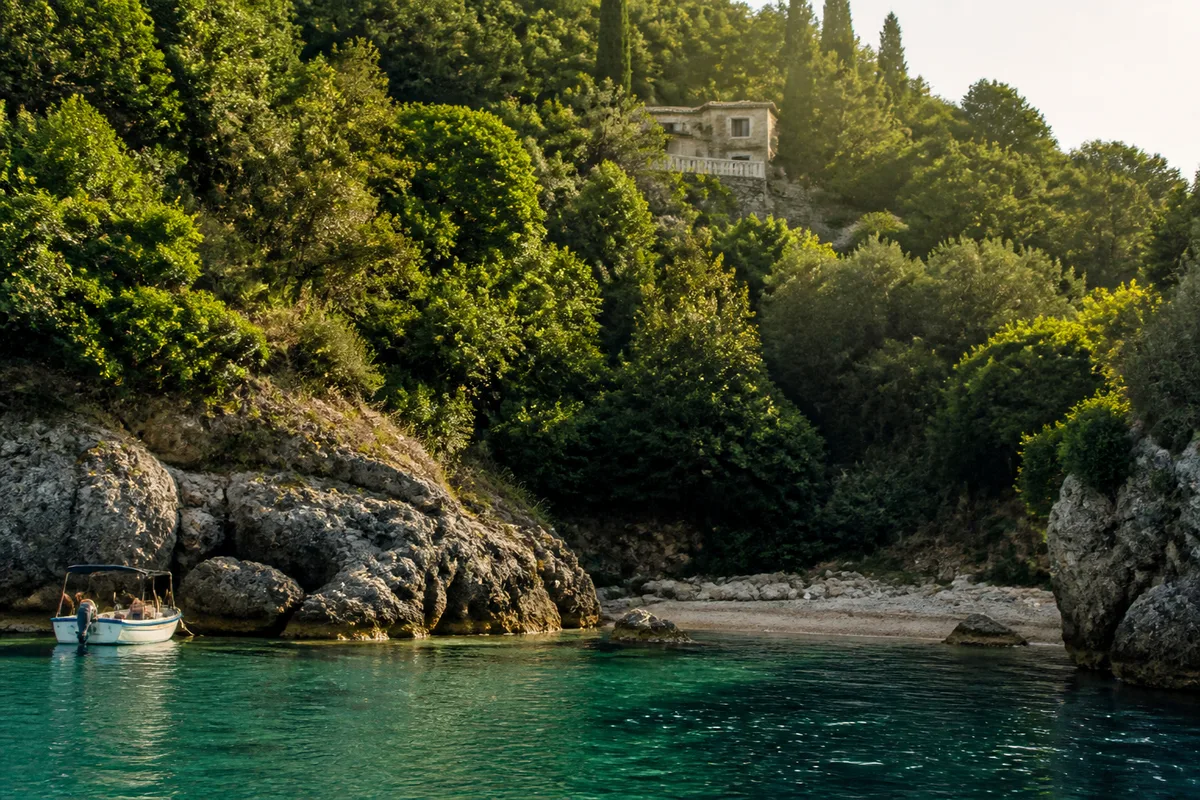 Realistic photo of a vegetated cove of the Ionian islands.