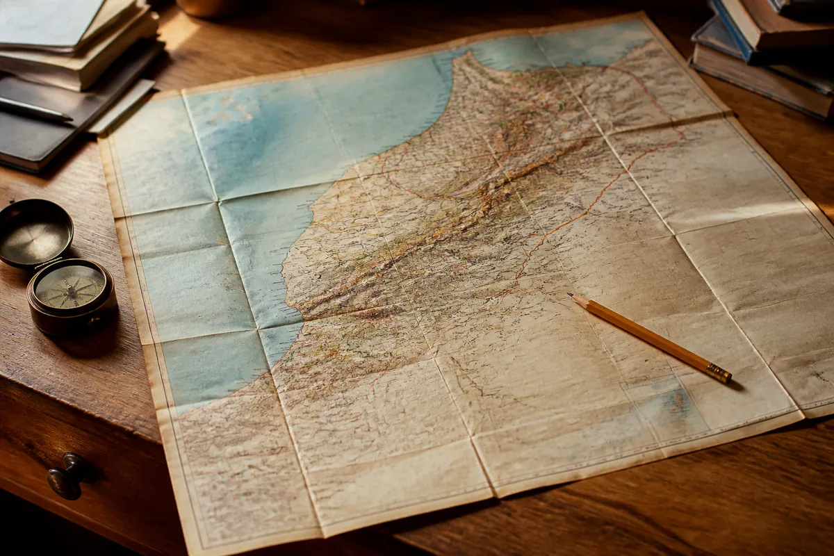 Old paper map of Morocco showing the format and reading constraints of a road map.