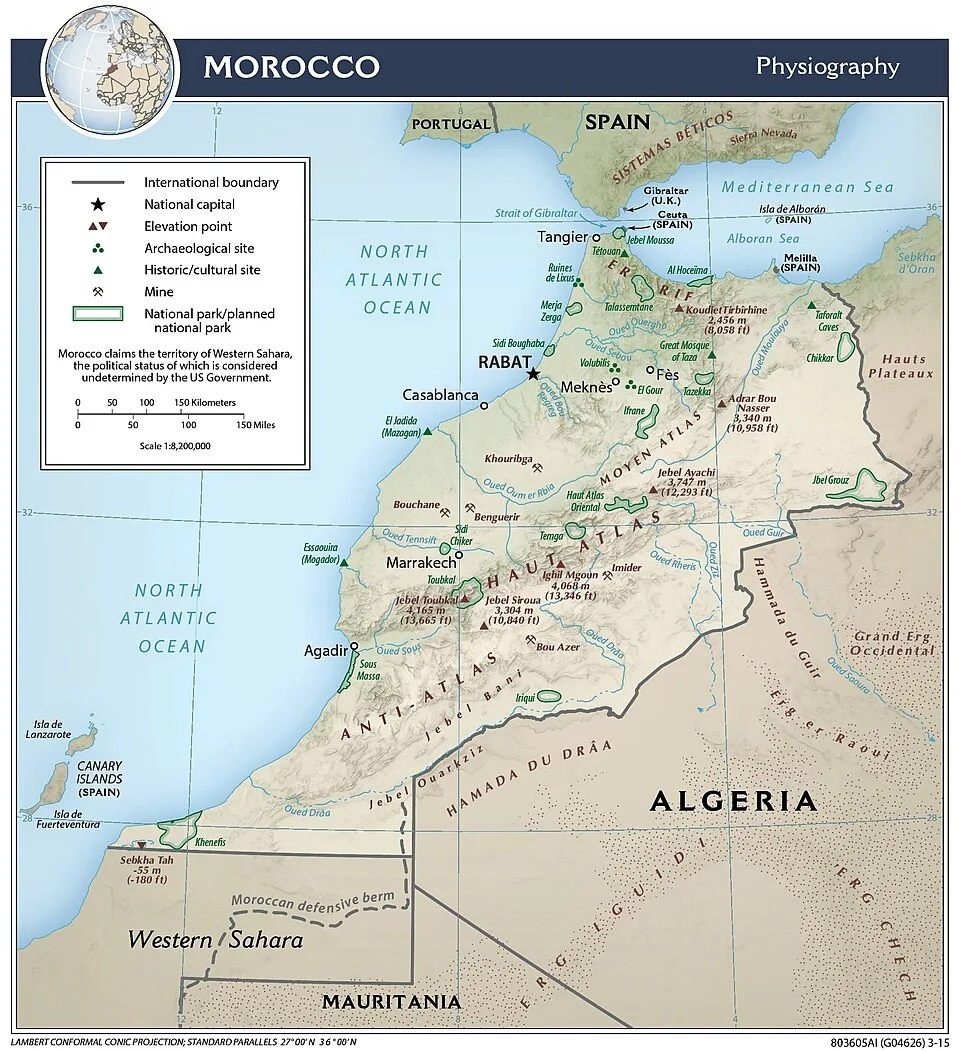 Michelin Map Morocco, shaded topographic relief of the country, vintage 2015