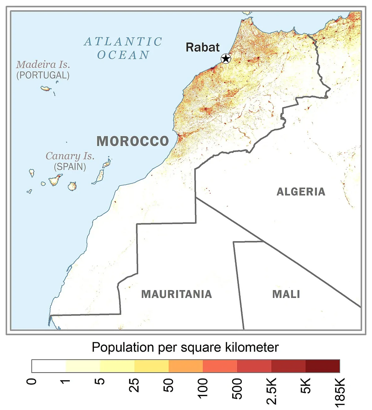 Vector map of Morocco illustrating population density according to CIA Factbook data
