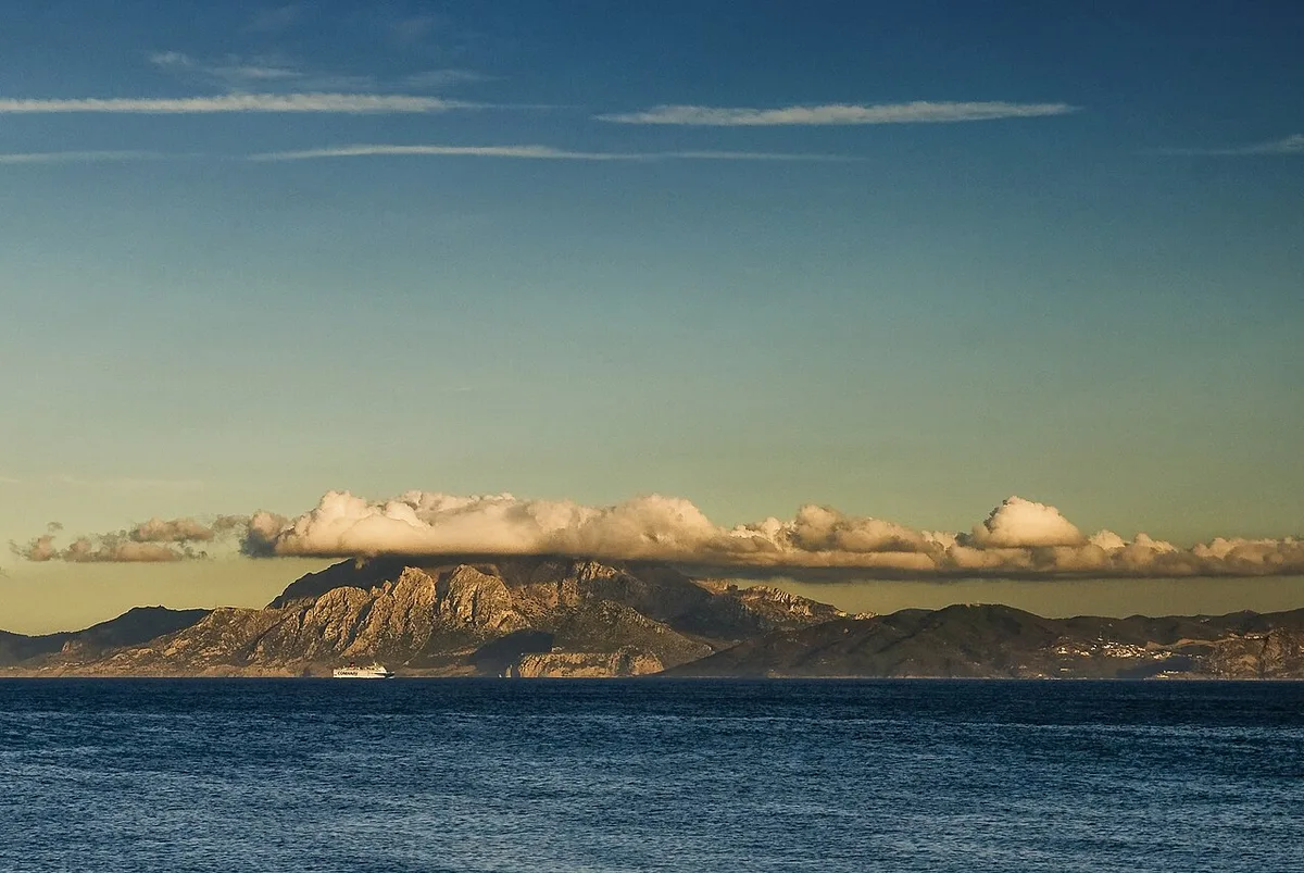 Topographic maps Morocco: view of the Rif from Tarifa, Strait of Gibraltar and Mount Jebel Musa