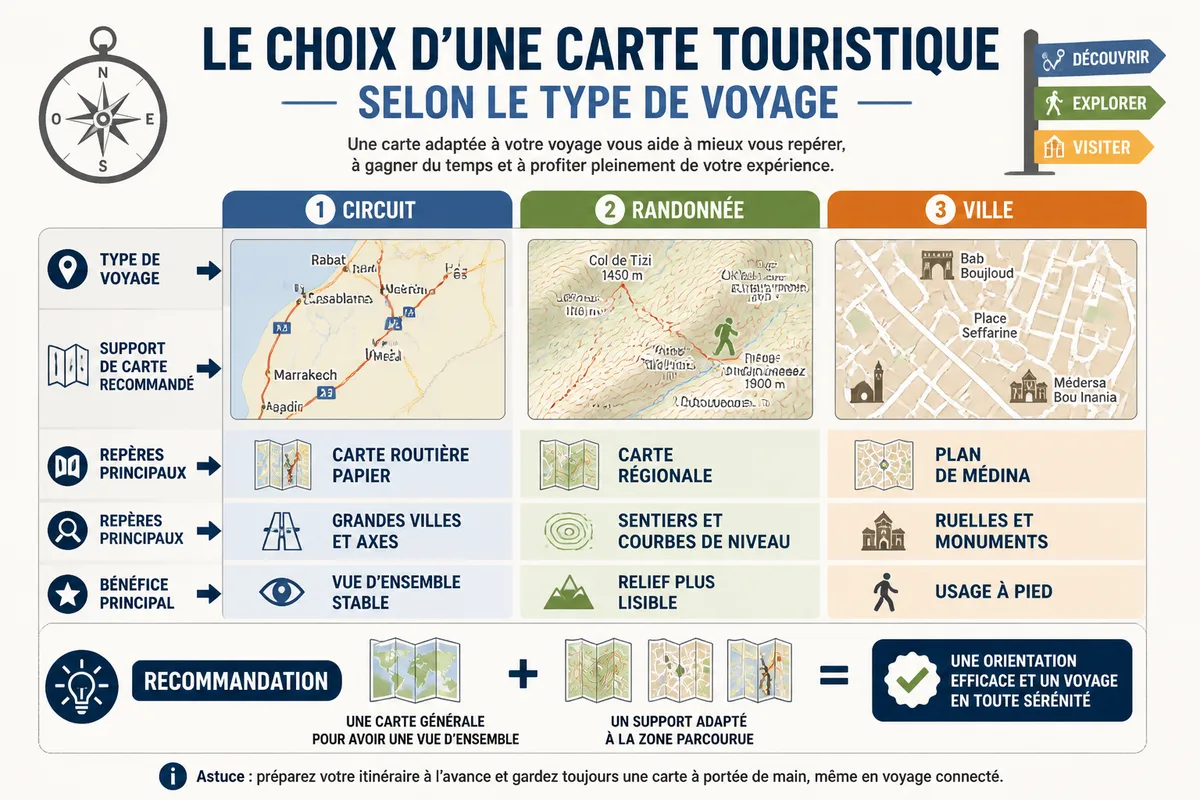 Comparación de mapas turísticos de Marruecos según circuito, senderismo o visita urbana