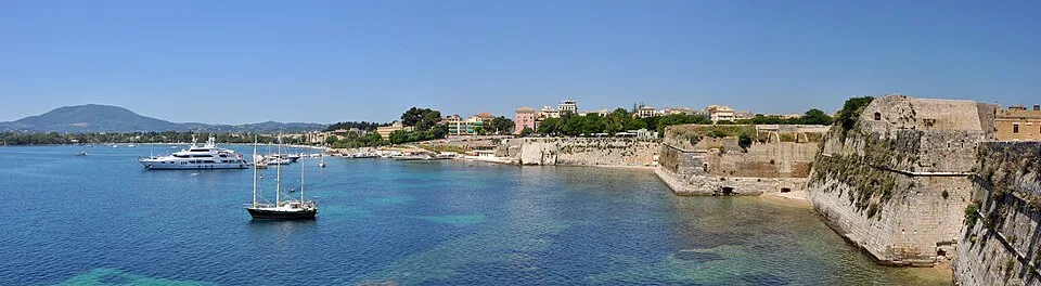 Corfu, city of the Ionian Islands illustrated on a map of Greece with cities