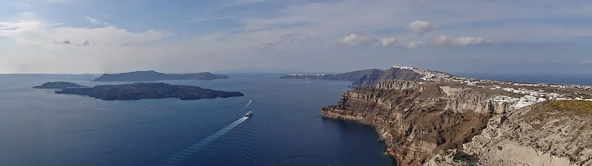 Greece map islands: Santorini caldera, Nea Kameni, Palea Kameni, Therasia and white villages