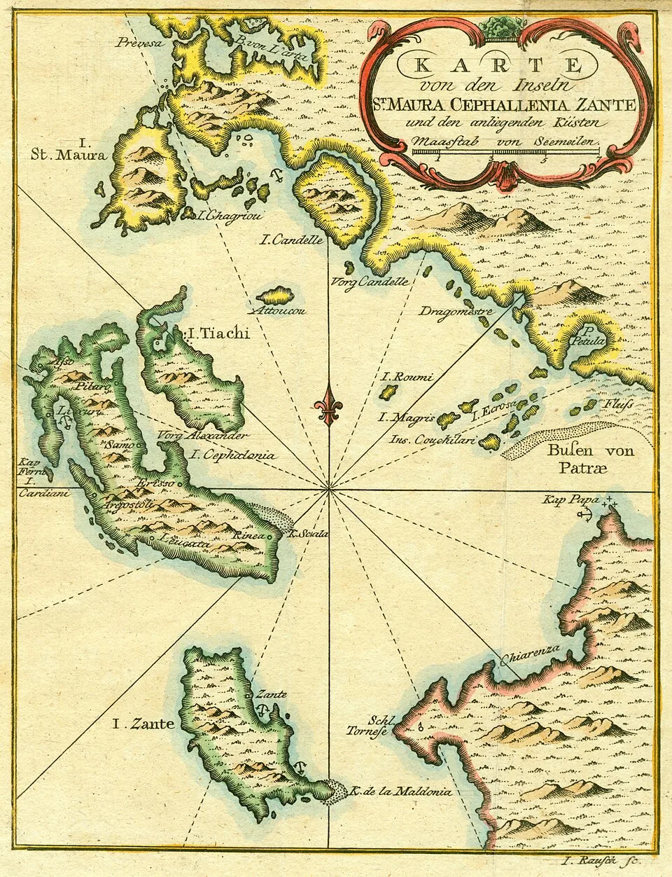 Greece island map: old map of Lefkada, Cephalonia, Zakynthos and the Greek west coast