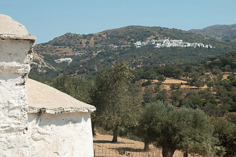 Greece map islands: view of the village of Moni in Naxos and the Aegean landscape