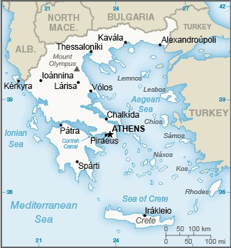 Grèce carte touristique papier indiquant les grandes villes, pays voisins et étendues maritimes