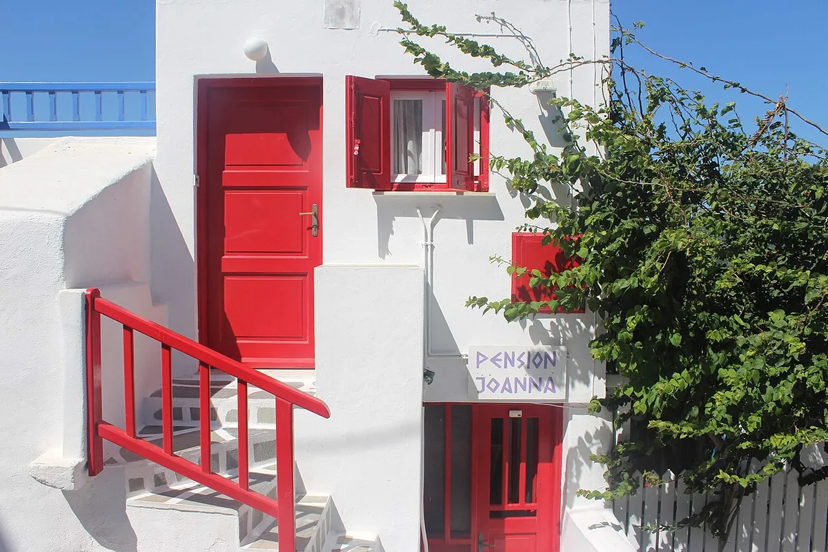 White house in Mykonos, landmark on a map of the Greek islands