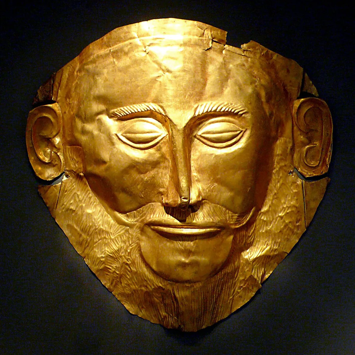 Funerary mask of Agamemnon discovered at Mycenae, site of the ancient Greece map