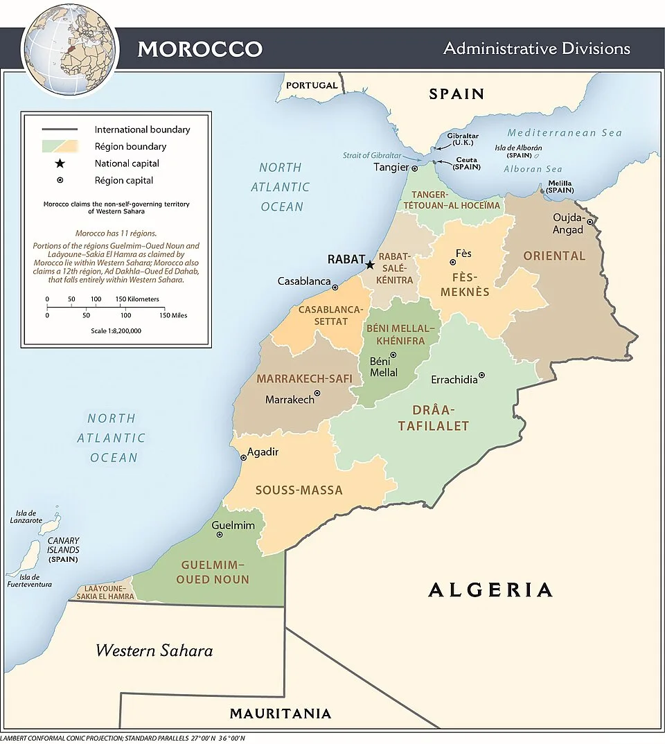 Plan du Maroc présentant ses douze régions administratives et leurs principales villes