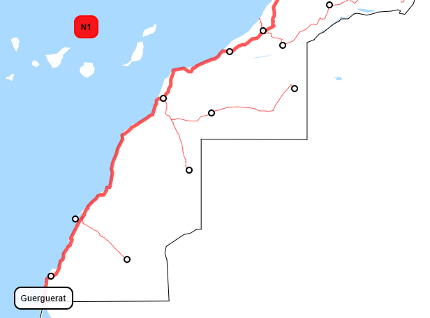 Plan Maroc et carte routière de la route N1 dans le sud