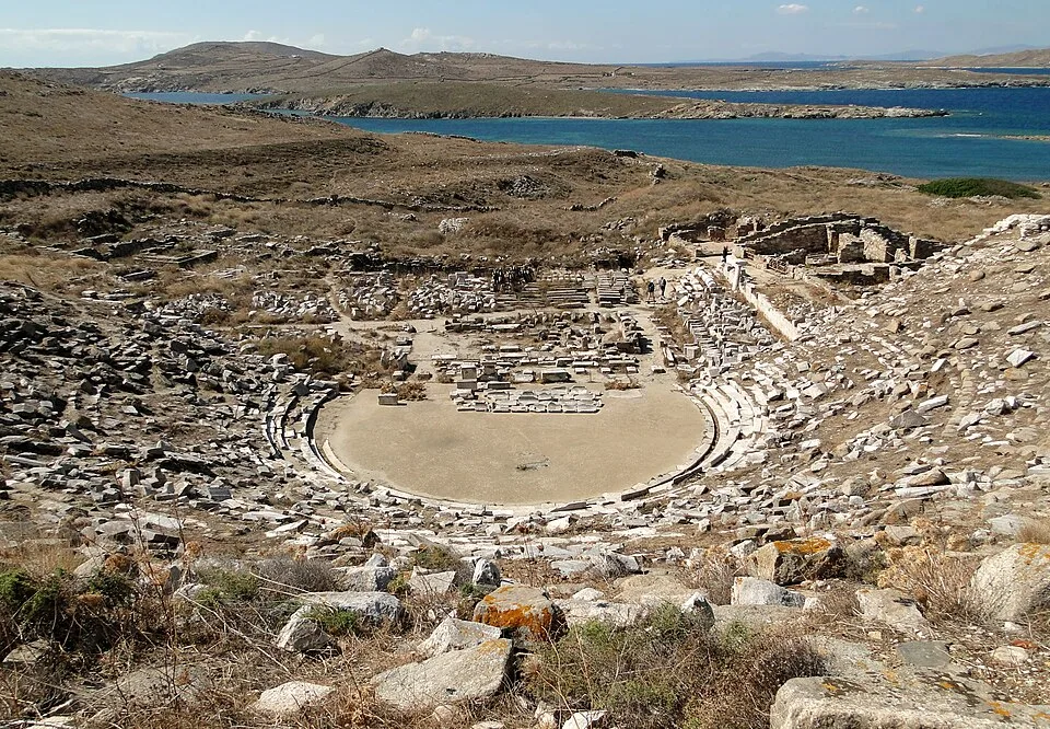 Ancient theatre of Delos in Greece, a major landmark on a map of ancient Greece