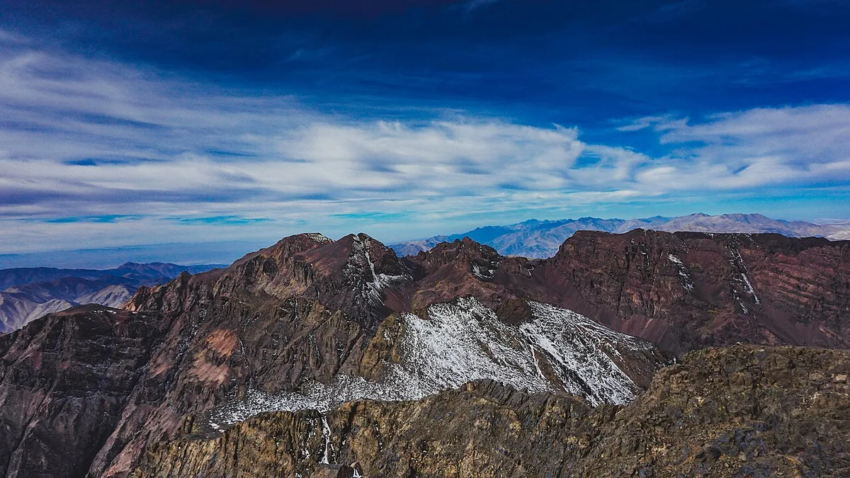 View of Mount Toubkal over Ouanoukrim, major landmarks of Moroccan topographic maps